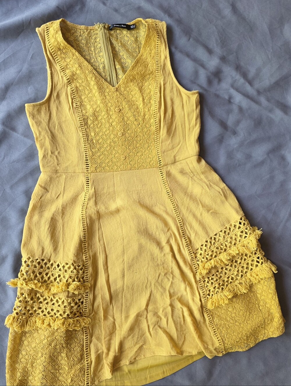 Doe & Rae Yellow Crochet-Accent Mini Dress